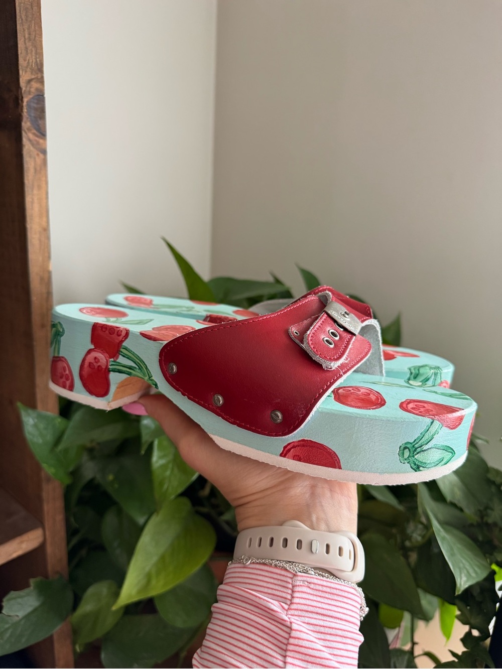 Cherry Print Mint Slide Sandals with Red Leather Straps - Picture 2 of 8